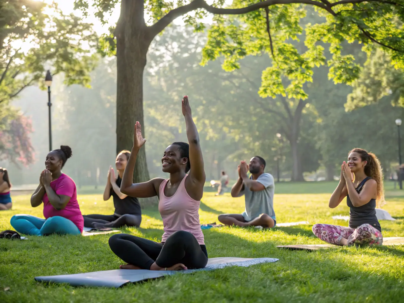 A diverse group of people participating in a yoga session in a park, with a focus on the serene environment and the participants' peaceful expressions.
