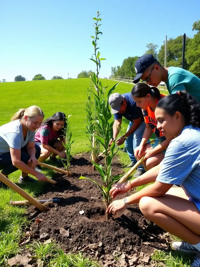 A group of volunteers planting trees in a community garden, showcasing volunteer time as a form of support.