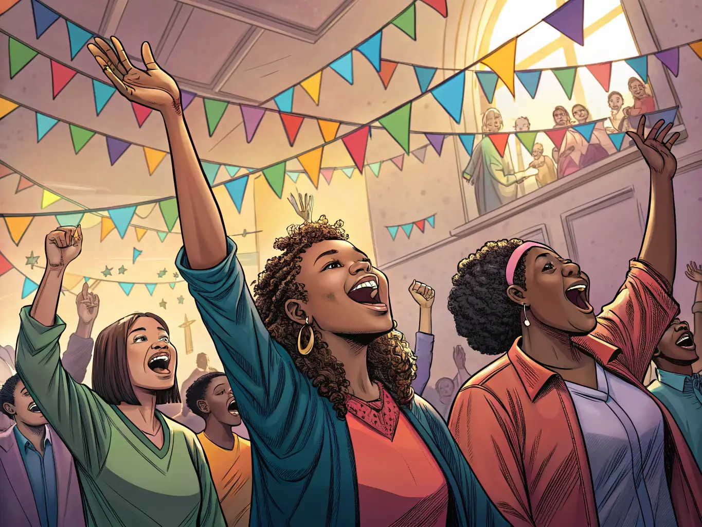 A joyful photograph of a community choir performing during a Sunday service, showcasing the Worship Center's vibrant music program and the sense of unity and celebration it brings to the congregation.