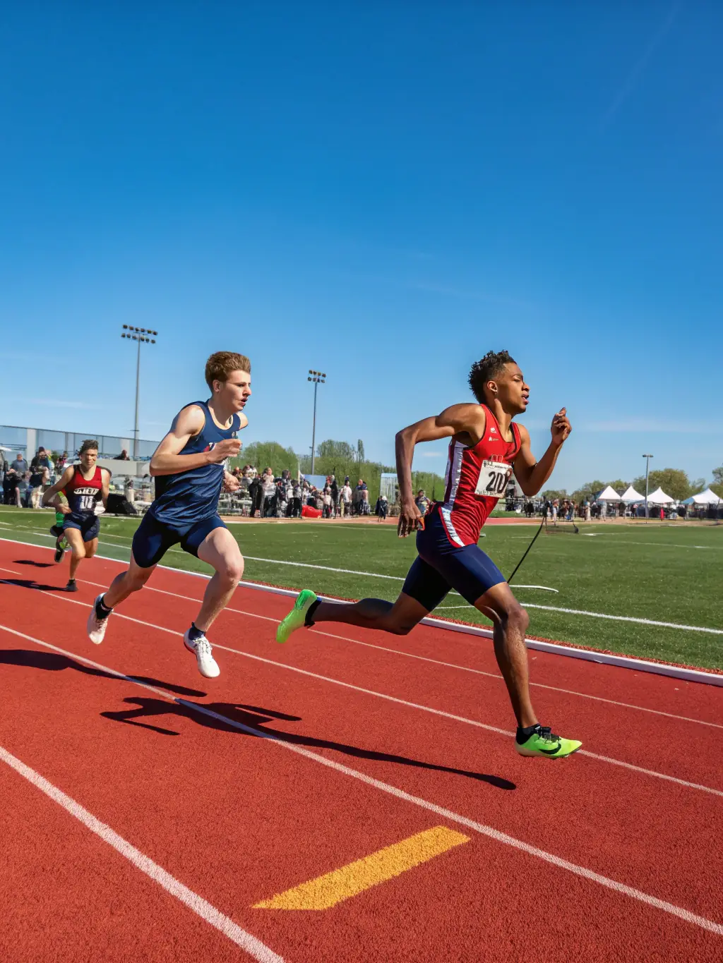 Image of young athletes competing in a track and field event, running and jumping with enthusiasm and determination.
