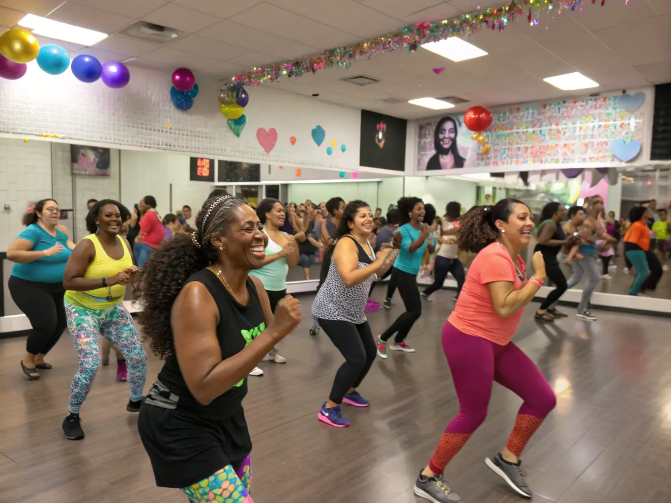 A group of diverse individuals participating in a Zumba class at a local community center, with a focus on the energetic movements and joyful expressions of the participants.