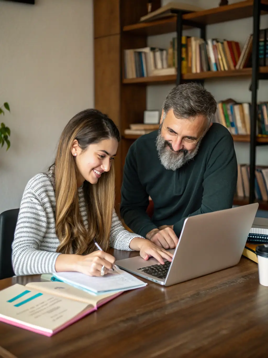 A mentor guiding a young person in a professional setting, discussing career paths and providing advice, illustrating the mentorship program.