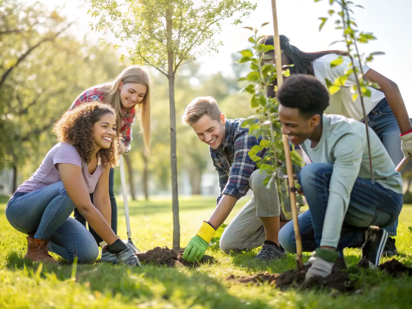 A vibrant photograph capturing a youth group participating in a community service event, planting trees in a local park, symbolizing the Worship Center's commitment to youth development and community involvement.