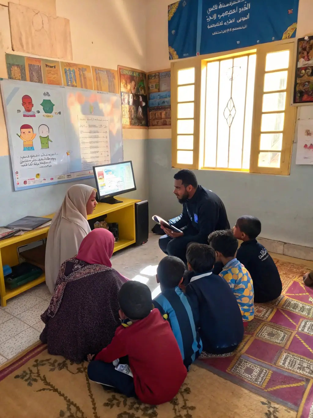 A volunteer teaching a computer skills workshop to adults, highlighting training and empowerment within the community.