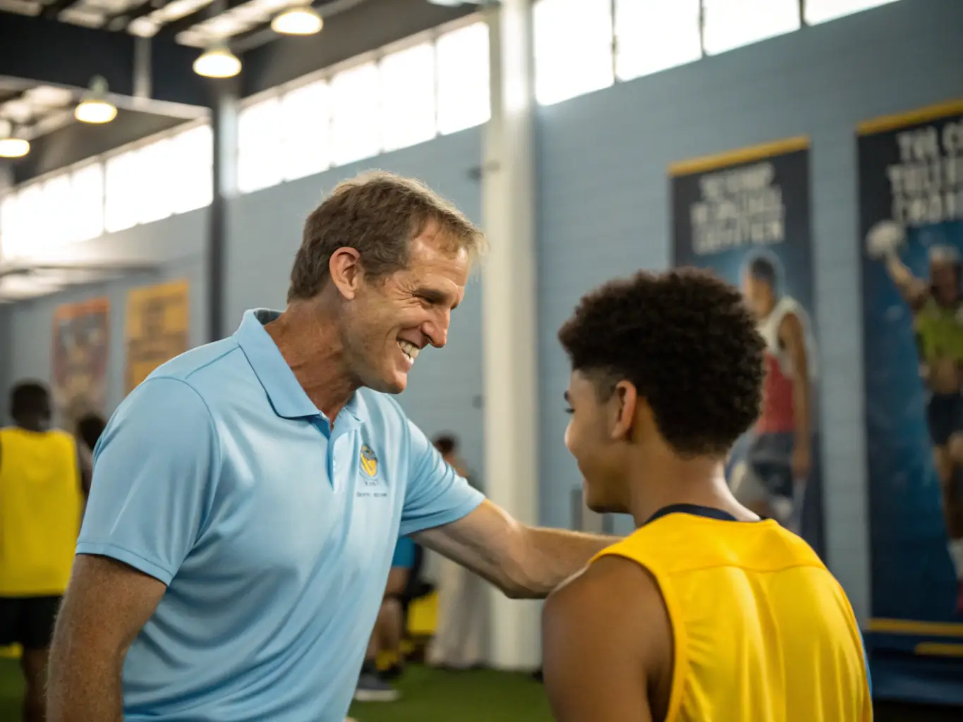 A young athlete receiving guidance from a mentor, illustrating the personalized support and encouragement provided through the mentorship program, with a focus on goal setting and personal growth.