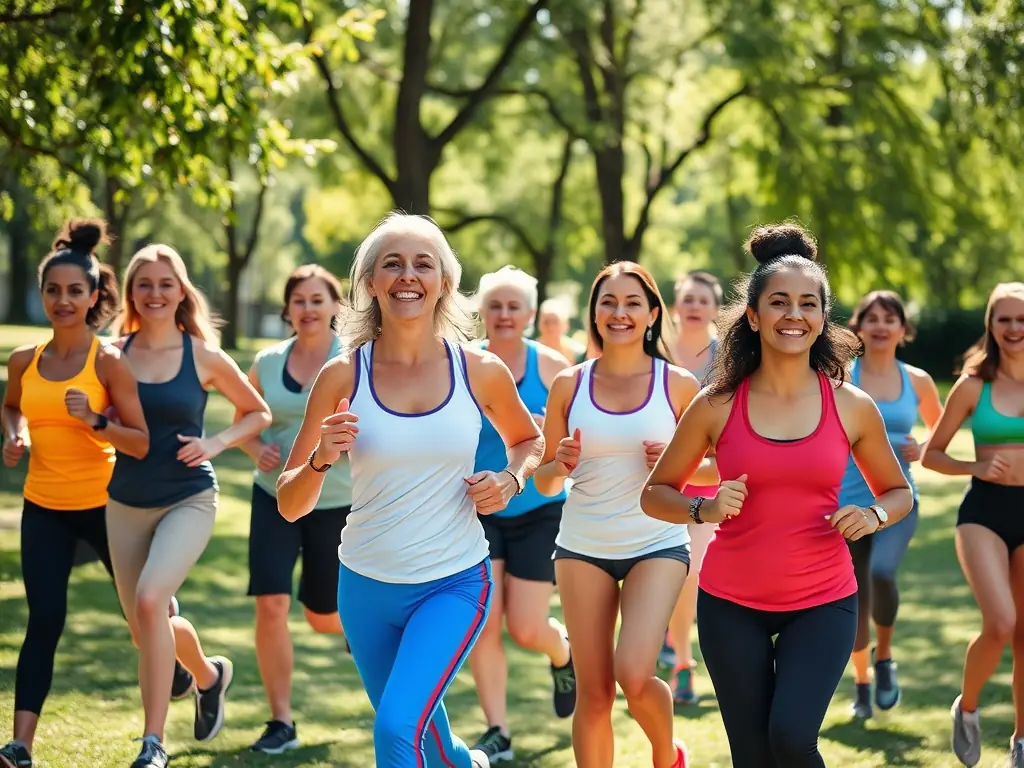 A group of people of various ages and fitness levels participating in a community boot camp, with a focus on the supportive atmosphere and the participants' determination.
