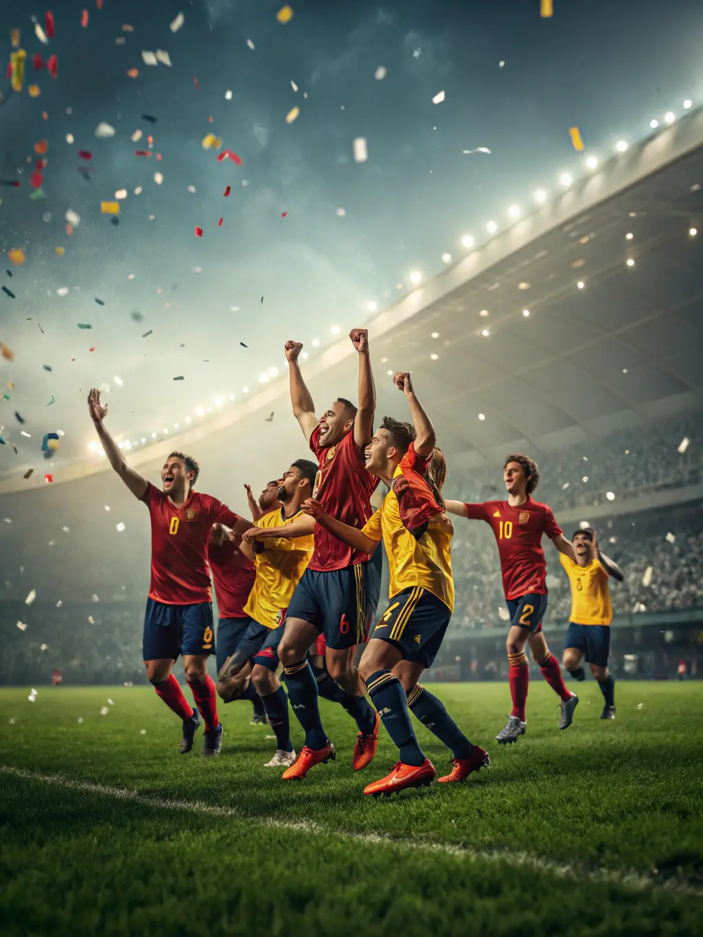 Action shot of a youth soccer team celebrating a goal during a league game, showcasing teamwork and excitement.