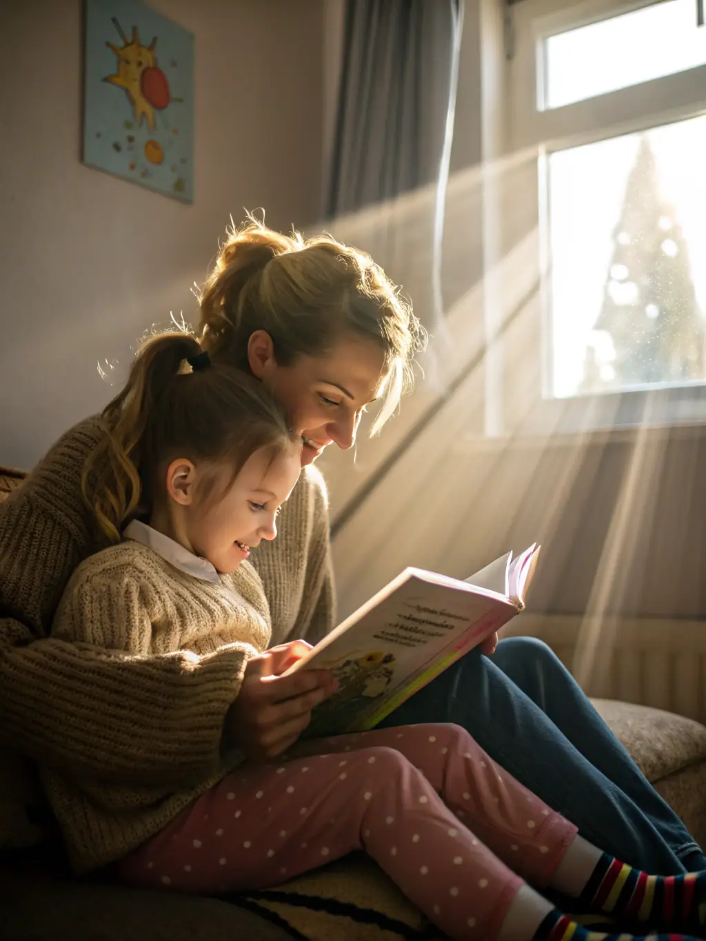 A volunteer tutor helping a young child read a book in a brightly lit library, representing the organization's literacy program.