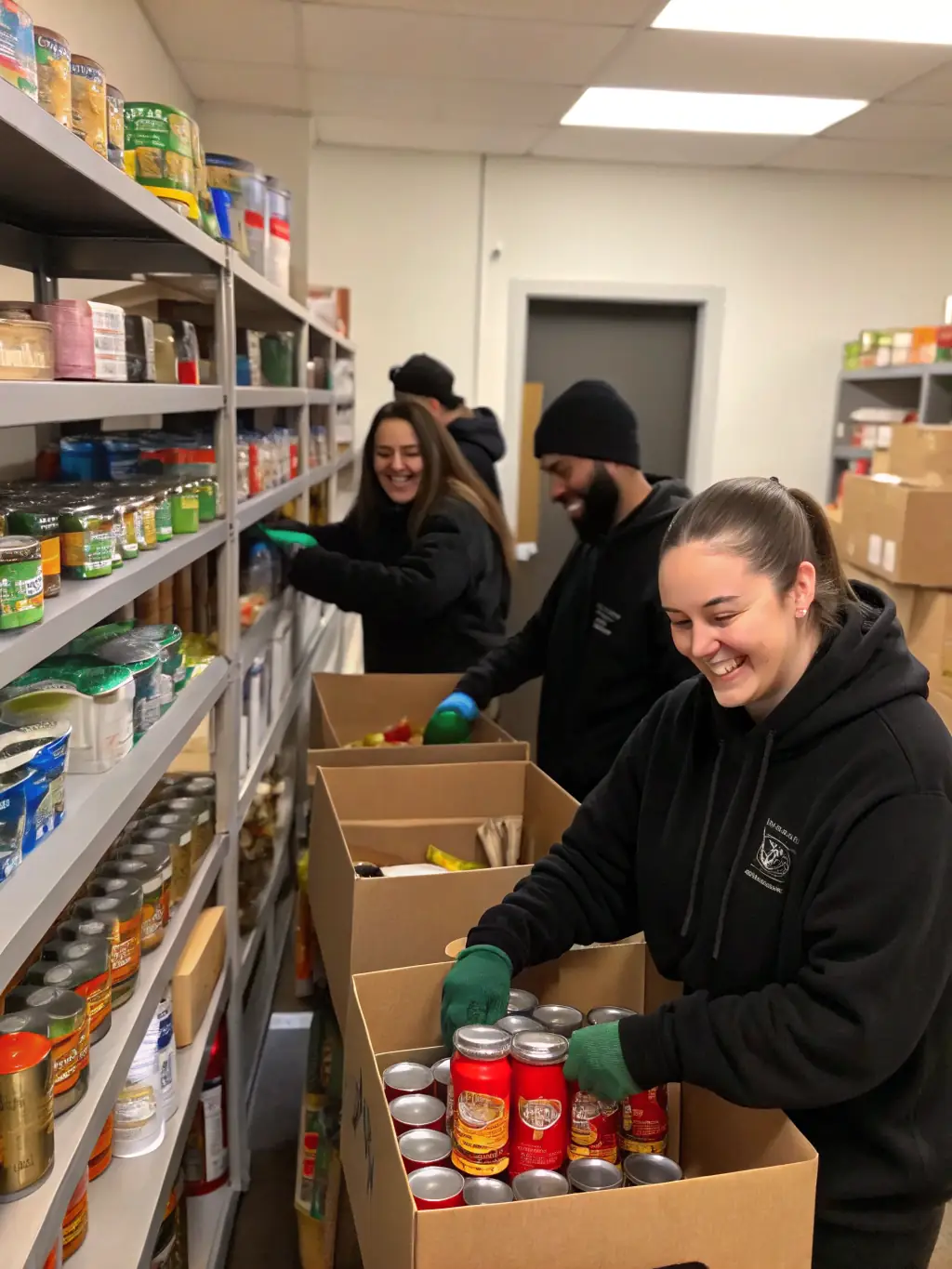 Volunteers packing food boxes at a local food bank, demonstrating community outreach and support for those in need.