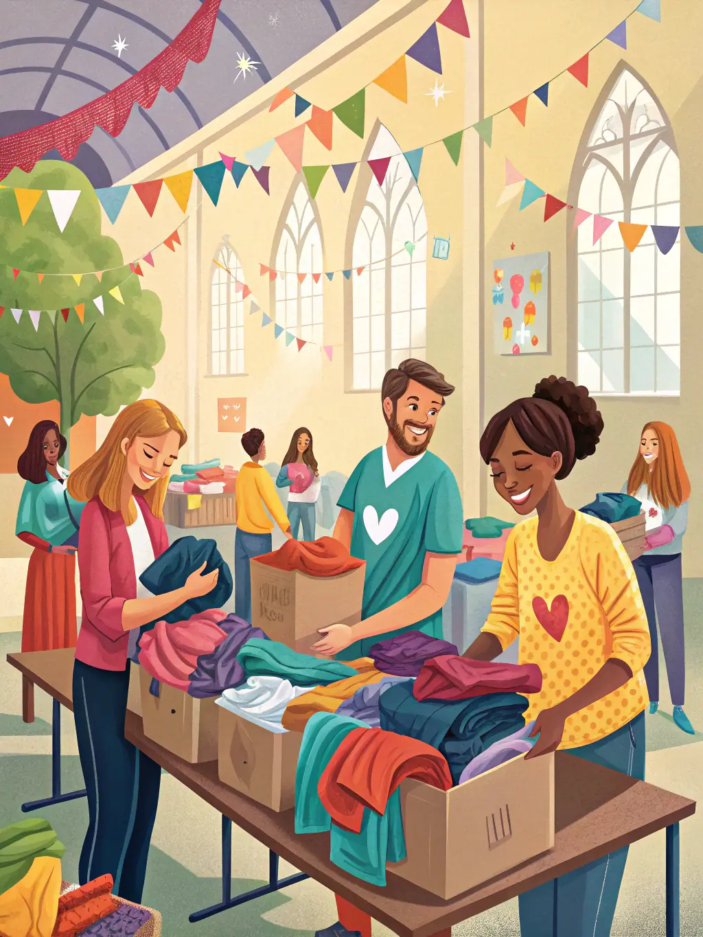 A group of volunteers assisting with setting up chairs and decorations for a church event, showcasing community involvement and teamwork.