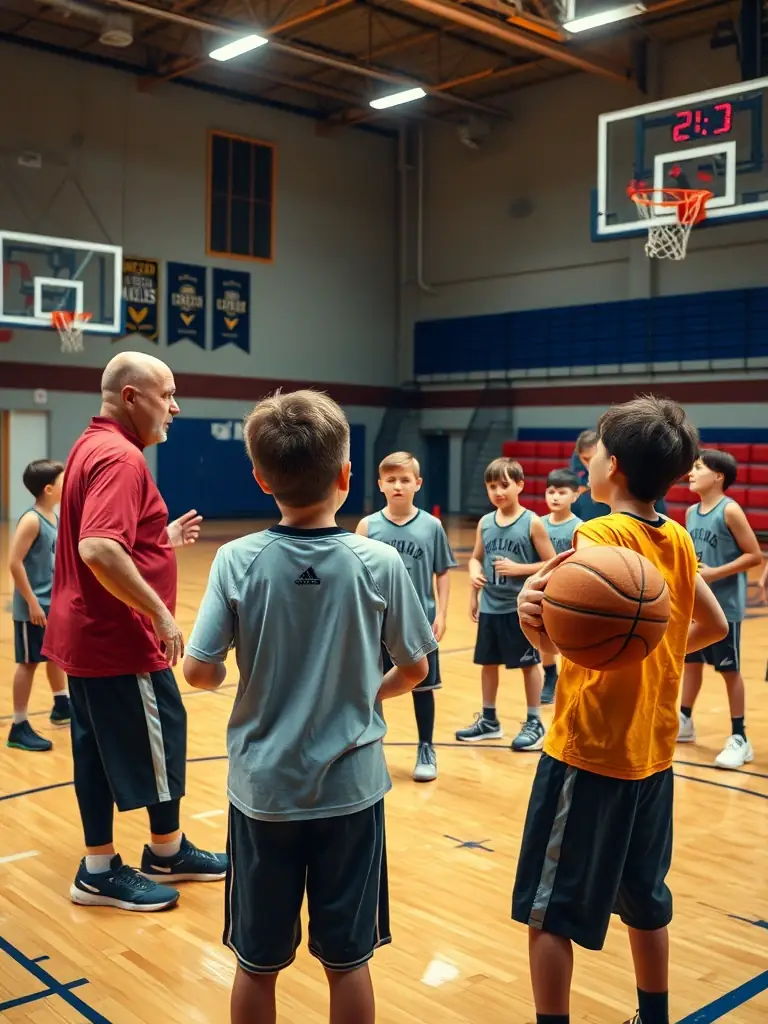 Image of young basketball players participating in a tournament, dribbling and shooting with determination.