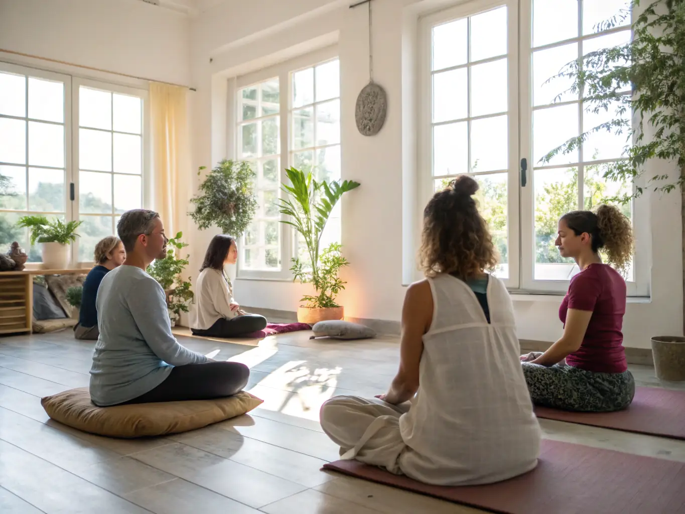 A serene image of a meditation session in a sunlit room, with participants engaged in mindful breathing exercises, representing the Worship Center's focus on spiritual wellness and inner peace.
