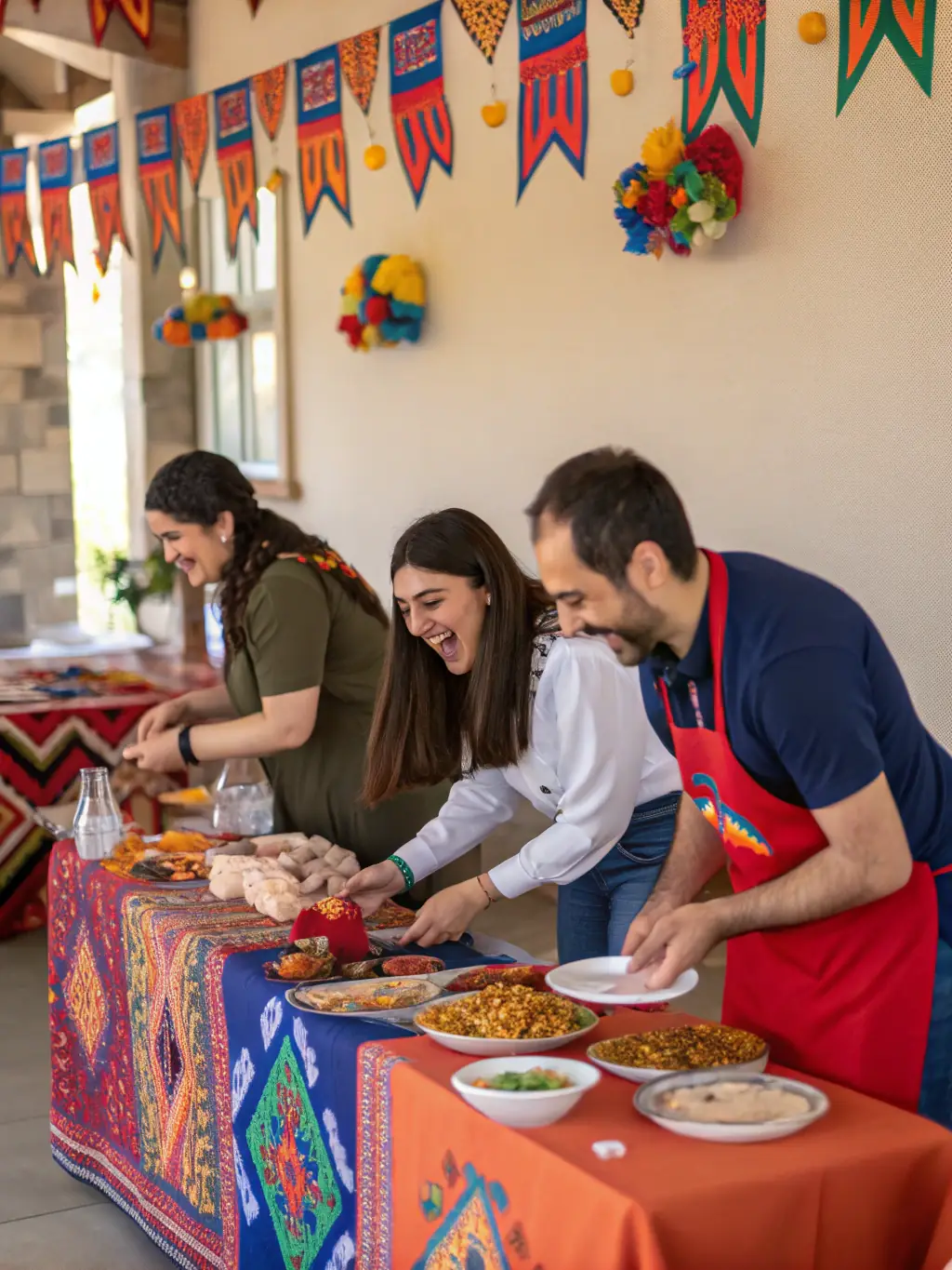 Volunteers organizing a fundraising event, setting up tables, decorations, and games, with a vibrant and energetic atmosphere.