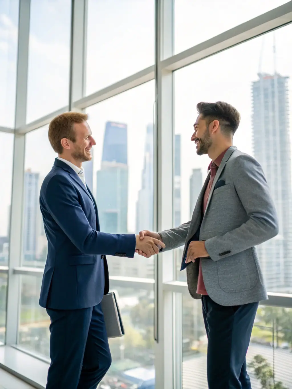 A professional photo of two teams from different organizations shaking hands in a modern office, symbolizing a successful partnership agreement.