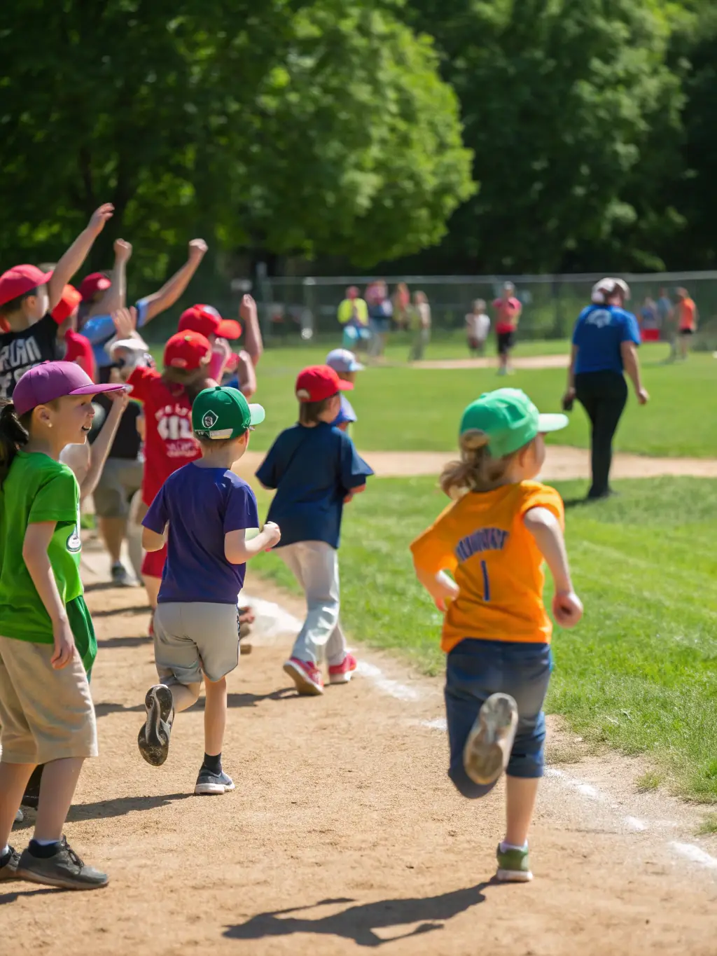 A group of children playing baseball in a sunny field, capturing the spirit of teamwork and outdoor fun.