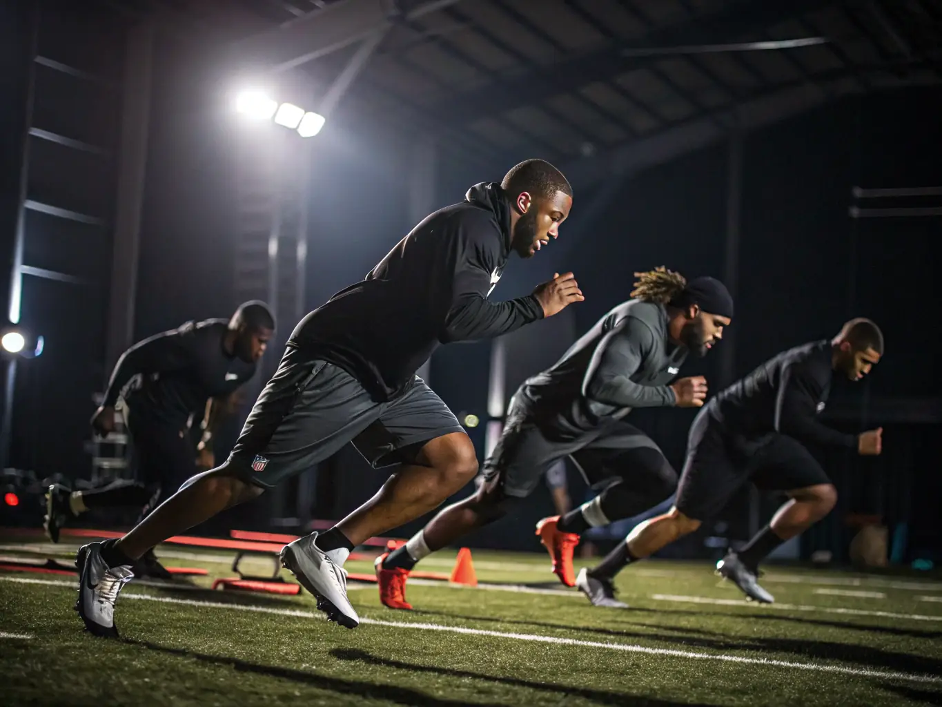A dynamic action shot of young athletes participating in a high-intensity training session, showcasing agility drills and expert coaching, set against a backdrop of a modern sports facility.