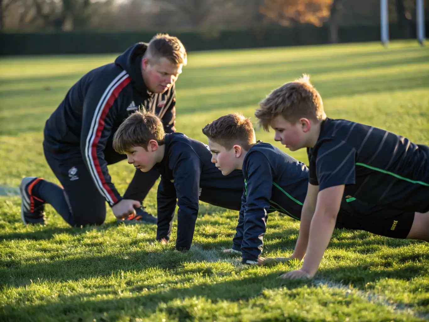 A group of young athletes engaged in a team-building exercise, emphasizing collaboration and strategic thinking, with a coach facilitating the activity in a positive and supportive environment.
